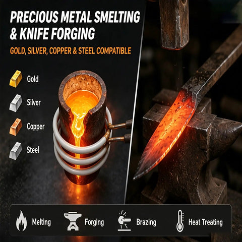 Water Cooled High Frequency Induction Heater For Metal Smelting, Knife Making Brazing And Annealing System, showing gold and silver smelting.