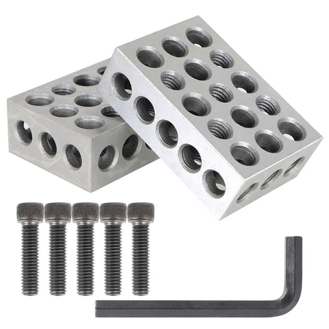 Aluminum 1x2x3 inch alignment blocks with 23 threaded holes; includes five screws and hex key