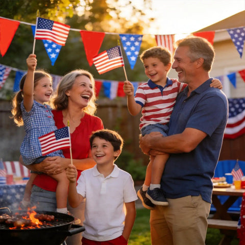 Family celebrating outdoors with 8x12 Inch American Flags On Sticks, 12 Pack With 17.5 Inch Wooden Poles, vivid color US handheld flags.