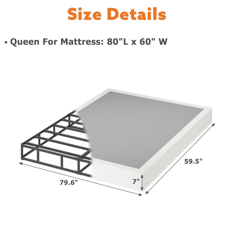 Badass Durability Seven Inch Queen Box Spring With Heavy Duty Steel Frame And Tear Resistant Fabric Cover shown with size details 80"L x 60"W.