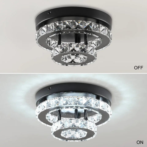 Crystal Chandeliers For Dining Room And Hallway Lighting, Chrome LED Ceiling Light, Semi Flush Mount, Clear Crystal Drops, 9.8 Inch Wide, 6000K Daylight White