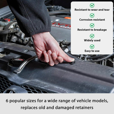 Person installing 200 Piece Car Retainer Clip Kit For Bumpers And Door Trim Universal Plastic Rivets on car engine cover