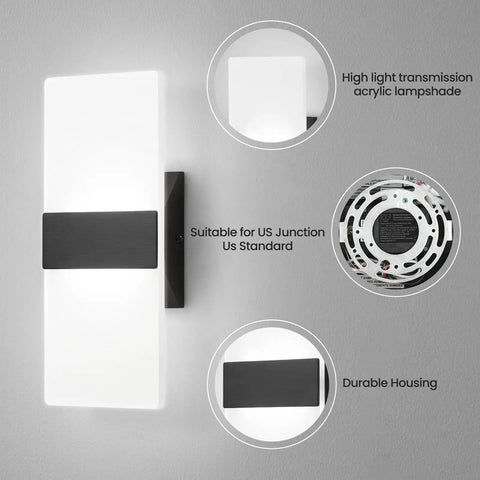 Sleek Black Modern LED Wall Sconce Dimmable Indoor Lighting Adjustable 5CCT Shade Hardwired Wall Lamp For Living Room Bedroom Bathroom Damp Rated 12 Inch with acrylic lampshade.