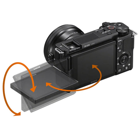 ZV-E10 Mirrorless Camera Kit With 16-50mm Lens, 128GB Extreme Speed Memory, 2x Lenses, Case, Tripod, Filters, Hood, Grip, Spare Battery And Charger, Editing Software Deluxe Bundle featuring adjustable LCD screen