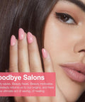 Woman showcasing pink nails using Dip Powder Nail Kit Starter With 20 Colors Including Clear Nude Pink Brown Glitter All Season Acrylic Dipping Powder And 4 Liquid Set Base Coat Top Coat Activator Plus Pro Grade Tools Brush Saver For French Nail Art DIY Salon Gift, Goodbye Salons text overlay.