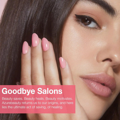 Woman showcasing pink nails using Dip Powder Nail Kit Starter With 20 Colors Including Clear Nude Pink Brown Glitter All Season Acrylic Dipping Powder And 4 Liquid Set Base Coat Top Coat Activator Plus Pro Grade Tools Brush Saver For French Nail Art DIY Salon Gift, Goodbye Salons text overlay.