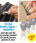 Three Piece Zipper Repair Kit In Silver Quick Clip And Zip Zipper Fix For Jeans Purses Jackets And More No Sewing Needed Durable Polypropylene