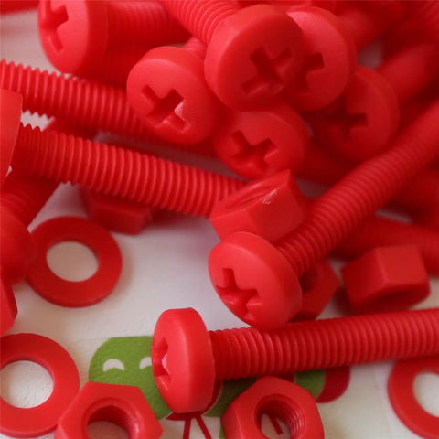 No Sweat 20 Piece Red Polypropylene Fastener Kit M6 X 60mm Phillips Pan Head Bolts with nuts and washers, close-up view.