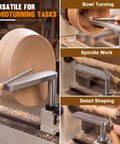 Solid As A Rock Seven Inch Stainless Steel Wood Lathe Tool Rest for Bowl Hollowing, shown in use for bowl and spindle tasks.