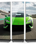 80 Inch Foldable Led Display Featuring Seamless Splicing P1.86 Pixel Pitch Digital Signage Totem showing green car on three panels.