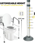 Adjustable Detachable Toilet Safety Frame With Handles, customizable height, shown with toilet and height settings, 32.5 inches max