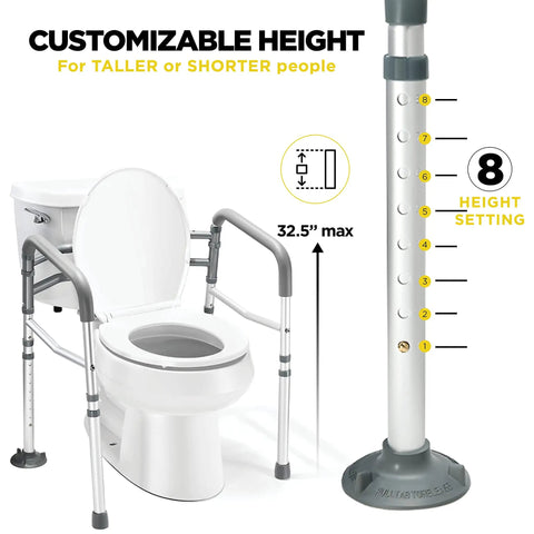 Adjustable Detachable Toilet Safety Frame With Handles, customizable height, shown with toilet and height settings, 32.5 inches max