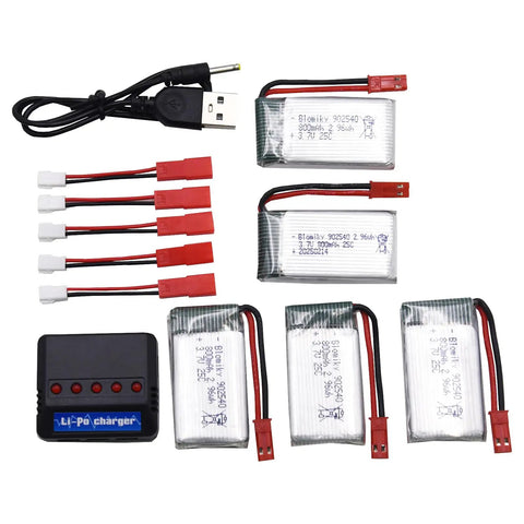 Five Pack 3.7V 800mAh 25C Rechargeable LiPo Batteries With JST Plug And All In One 4 In 1 Charging Board For MJX X300C X400W X600 X800