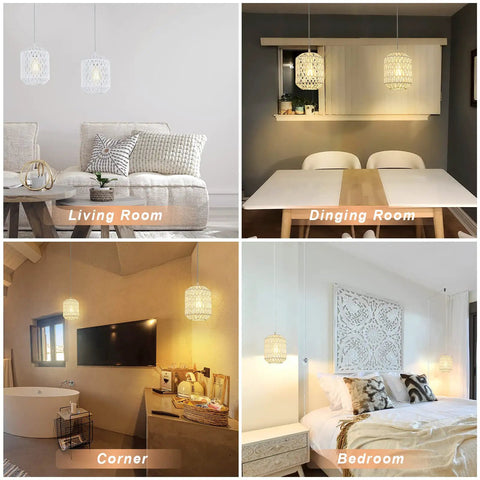 Plug In Pendant Light With LED Bulb Included, Rattan Wicker Boho Chandelier in living, dining room, corner, and bedroom