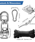Heavy Duty 304 Stainless Steel Pulley Kit With Extra Long Nylon Rope For Flag Poles Clotheslines Garage Hoists and Pro Level DIY Builds, dimensions included.