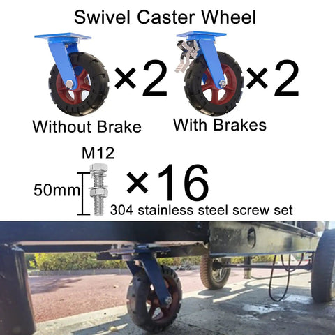 Heavy Duty Industrial Castor Wheels 12 Inch Solid Rubber Puncture Proof 4 Pack Swivel Caster Set 4400 Lb with blue swivel wheels.