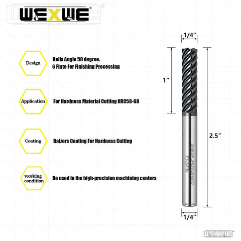 Side view: WEXWE carbide end mill, 6-flute square cutter, 1/4" shank, 2.5" length for finishing hard steel