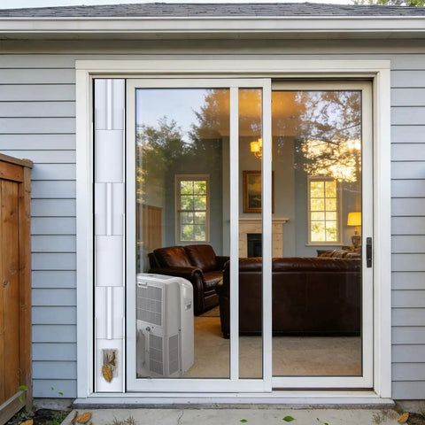 Ultimate 95 Inch Sliding Door Air Conditioner Vent Kit With Screen Net Weather Strips Airtight Seal Universal 5.0 To 5.9 Inch Hose Coupler Six 17 Inch Slider Panels 40 Inch Screen Net Portable Balcony Door Plate Kit installed on sliding door with portable AC unit visible