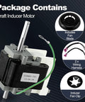 Package contents of Furnace Inducer Draft Motor Assembly 115V 60Hz 65W with fan blade, wiring harness, labeled components