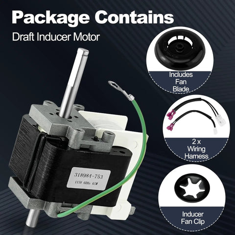 Package contents of Furnace Inducer Draft Motor Assembly 115V 60Hz 65W with fan blade, wiring harness, labeled components