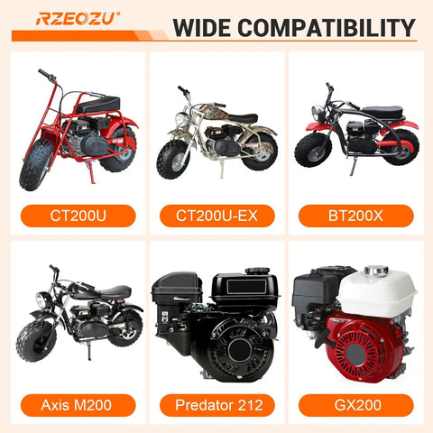 Mini bikes and engines showcasing compatibility for Three Quarter Inch Crankshaft Holder Tool Kit Replacement For Predator 212 Engine GX160 GX200 DIY Friendly Five Point Five And Six Point Five HP Small Engines Coleman CT200U EX BT200X Axis M200 Baja Warrior MB200 KT196 Mini Bike Go Kart Parts