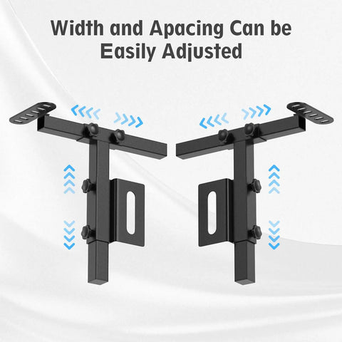 Universal Adjustable Headboard Brackets For Heavy Duty Steel Metal Bed Frame Extension Kit Featuring Freely Movable Design and No Sweat Setup for Twin Full Queen King Beds showing adjustable height and width.