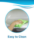 Cleaning 16 Inch Glass Microwave Turntable Tray Replacement for GE Ovens with a cloth, focus on easy maintenance.