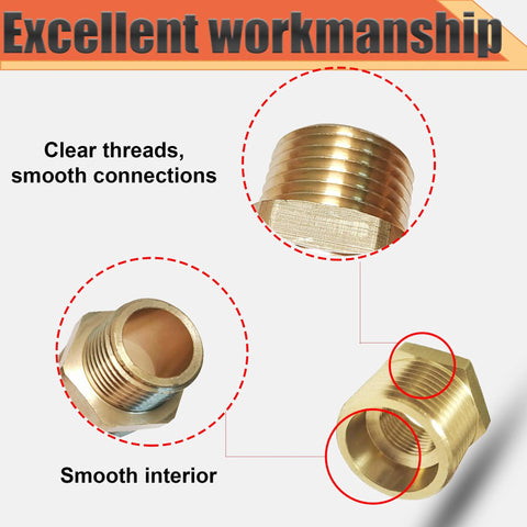 Brass pipe reducer bushing, 3/4in MNPT to 1/4in FNPT, hex body, front view