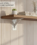 White heavy duty L shaped corner brace for furniture reinforcement and joint support under wooden shelf with decor.