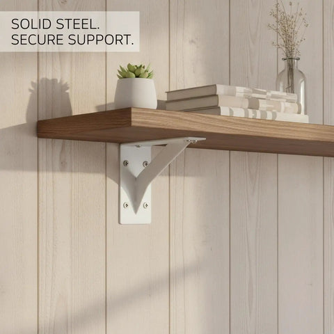 White heavy duty L shaped corner brace for furniture reinforcement and joint support under wooden shelf with decor.