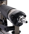 Strong Armed Pneumatic 23 Gauge Pin Nailer forged from hardened aluminum with air exhaust connector and ergonomic handle.