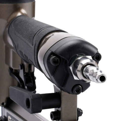 Strong Armed Pneumatic 23 Gauge Pin Nailer forged from hardened aluminum with air exhaust connector and ergonomic handle.
