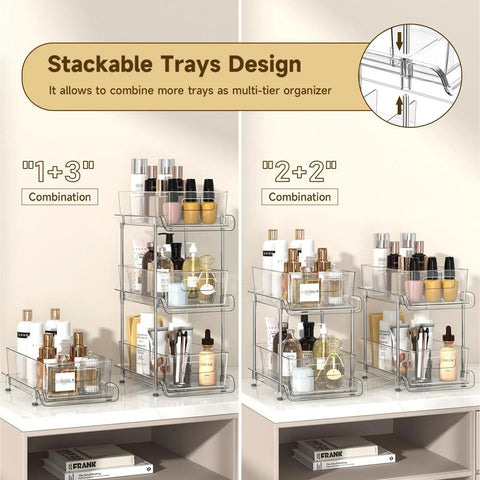 Clear Two Tier Under Sink Sliding Organizer With Adjustable Dividers Heavy Duty Waterproof Cabinet Rack For Bathroom Pantry in use, showcasing stackable trays with beauty products.