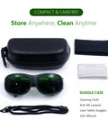 Kickass Laser Safety Glasses 900-1100nm OD8 Plus DIN4 in a compact case with cleaning cloth, lanyard, and user manual.