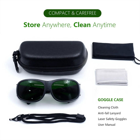 Kickass Laser Safety Glasses 900-1100nm OD8 Plus DIN4 in a compact case with cleaning cloth, lanyard, and user manual.