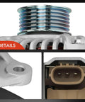Close-up of Beefy 12V 100A Six Groove Pulley Alternator showing pulley, mounting hole, and connector for Mazda and Toyota models.