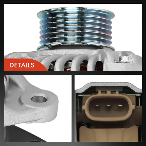 Close-up of Beefy 12V 100A Six Groove Pulley Alternator showing pulley, mounting hole, and connector for Mazda and Toyota models.