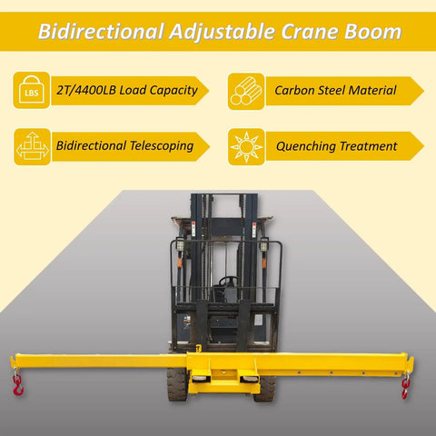 Heavy Duty Forklift Jib Boom Crane With Telescopic Towing Hook And Rock Solid 2 Ton Bidirectional Lifting Hoist adjustable crane boom.