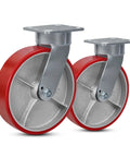 Built Like A Tank 8x2 Heavy Duty Casters Pair Kingpinless Polyurethane Wheels With Hardened Steel Cores and Precision Roll Bearings, showing red wheels and silver mounts.
