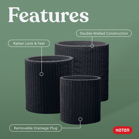 Three Sizes Rattan Resin Planter Set For Indoor And Outdoor Plants In Black With Cylindrical Design And Drainage Plug Ideal Porch And Patio Decor Durable Indoor Outdoor Planters For Modern Home featuring three black cylindrical planters with a rattan look and drainage plug