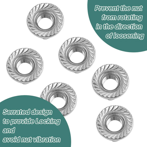 50 Pack M10 X 1.5mm 304 Stainless Steel Serrated Flange Hex Nuts Metric Lock Hardware showcasing serrated design for secure locking.