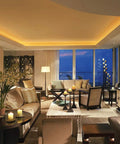 Luxurious living room with LED dimmer power driver for under-cabinet lighting, creating a warm ambiance with flicker-free dimming.