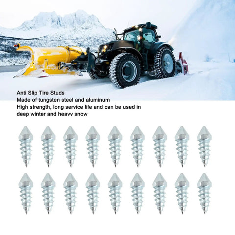 Heavy Duty Winter Tire Spikes With Solid Tungsten Steel Tips And Rugged Aluminum Construction M8 Thread 100 Piece Set displayed with tractor in snow.