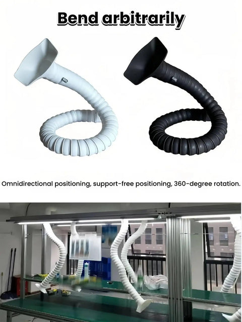Heavy Duty Flexible Ventilation Tube With A No Brainer Flow Valve For Welding Soldering Grinding Dust Removal displayed in white and black colors.
