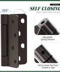 Image of Two Pack Self Closing Door Hinges With Oil Rubbed Bronze Finish For Easy No Fuss Auto Close Spring Loaded 4X4 Inch Hinges For Interior Doors One Quarter Radius Corners Adjustable Tension Fits Doors From One And Three Quarter To Two Inches Thick, showing hinge details and adjustable tension features.