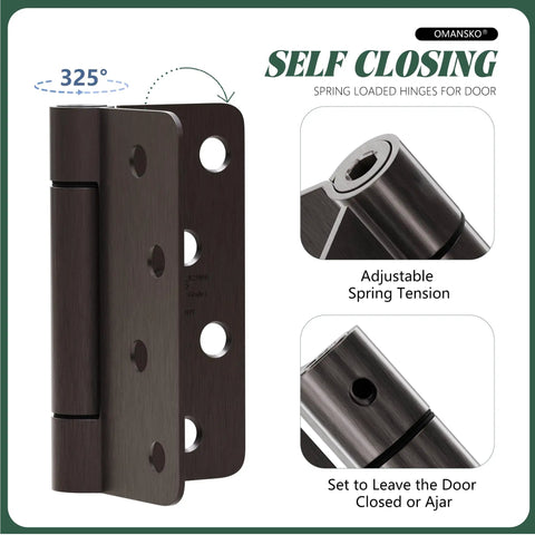Image of Two Pack Self Closing Door Hinges With Oil Rubbed Bronze Finish For Easy No Fuss Auto Close Spring Loaded 4X4 Inch Hinges For Interior Doors One Quarter Radius Corners Adjustable Tension Fits Doors From One And Three Quarter To Two Inches Thick, showing hinge details and adjustable tension features.