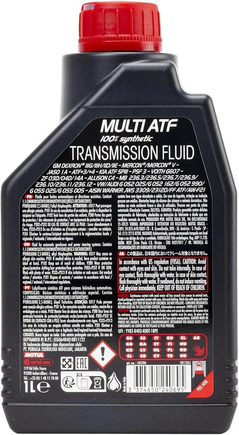 Back of 1L bottle labeled 100 Percent Synthetic Automatic Transmission Fluid For Multi Vehicle Use With Dexron III Mercon And Import Specs