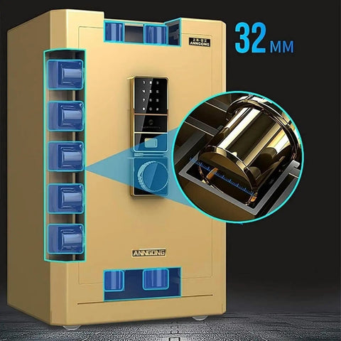 Home Safe With Fingerprint Lock And Digital Keypad, Fireproof And Waterproof Security Safe For Home Or Office, Heavy Duty Floor Safe In Black Finish, 1Pc, Rock Solid Protection You Can Trust showing detailed construction and lock mechanism