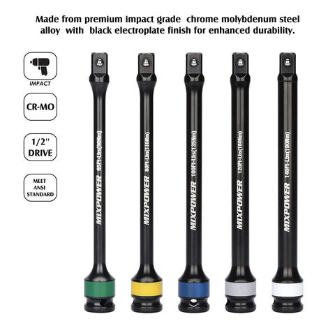 5-piece part of 10-Piece 1/2-Inch Drive Torque Limiting Socket Extension Set, CR-MO, Color-Coded, Heavy-Duty Impact Grade