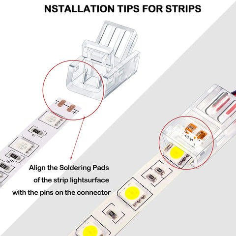 40 Pack 2 Pin 8mm RGB LED Strip Connectors Waterproof Solderless Adapter shown with installation tips for alignment